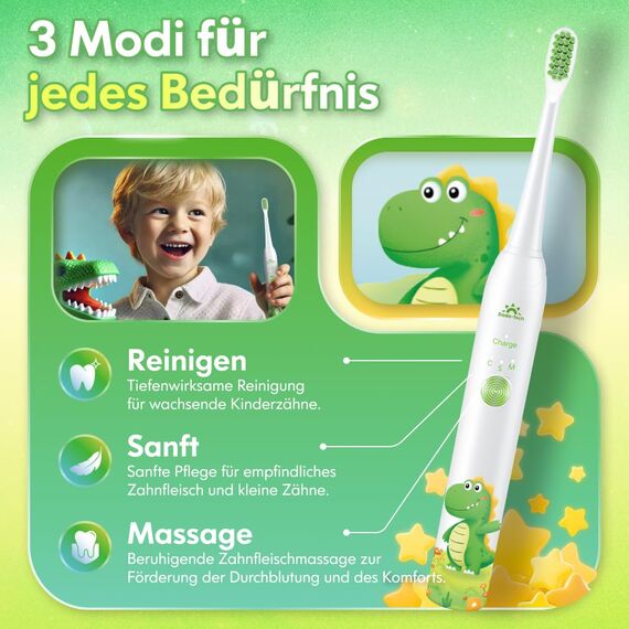 Zahnbürste Elektrisch Kinder ab 3-6-10-12 Jahre, Kinderzahnbürste Elektrisch mit Timer Gewohnheitsbildende Sticker 3 Modi Schallzahnbürste Kinder Jungen Wiederaufladbar (Dinosaurier Weiß)