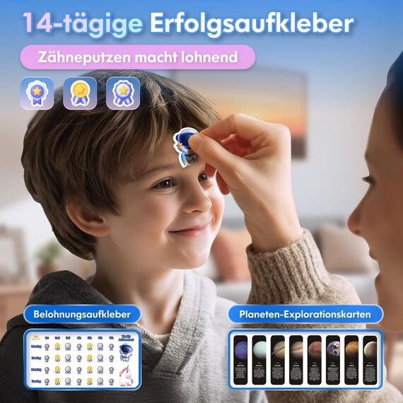 Kinder Zahnbürste Elektrisch ab 3-6-10-12 Jahre, Kinderzahnbürste Elektrisch mit Timer Gewohnheitsbildende Sticker 3 Modi Schallzahnbürste Kinder Jungen Wiederaufladbar (Astronaut Blau)