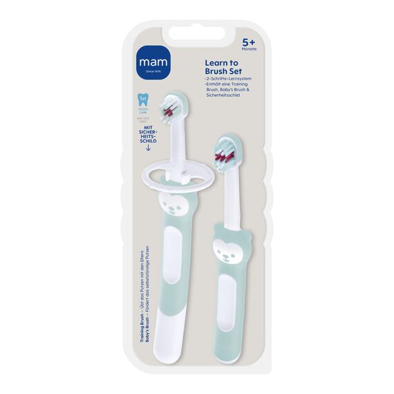 MAM Learn to Brush Set, Baby Zahnbürste mit langem Griff zum gemeinsamen Halten, Kinderzahnbürste trainiert das Zähneputzen, ab 5+ Monate, türkis, 1 Stück (1er Pack)