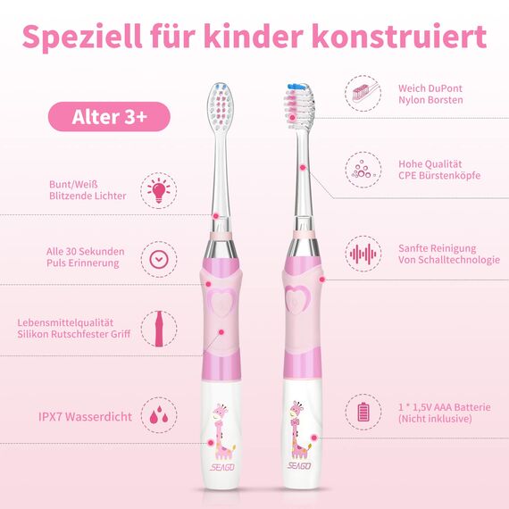 Seago Elektrische Zahnbürste Kinder ab 3-12 jahre Kinderzahnbürsten Elektrisch mit Farbigem Licht Smart Timer 8 Weich Bürstenköpfes Wasserdicht Baby Schallzahnbürste SG977 (Rosa-8)