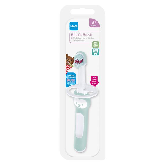 MAM Baby's Brush, Baby Zahnbürste mit kurzem Griff zum einfachen Halten, Kinderzahnbürste zur sanften Zahnreinigung, ab 6+ Monate, türkis (Packung mit 2)