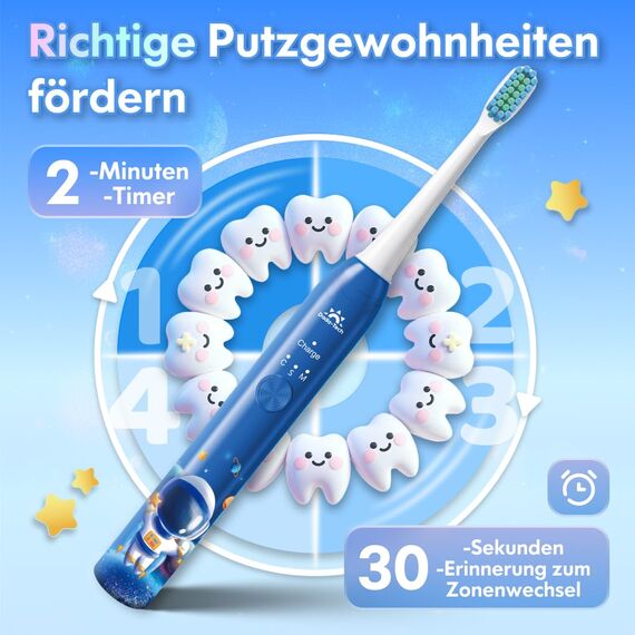 Kinder Zahnbürste Elektrisch ab 3-6-10-12 Jahre, Kinderzahnbürste Elektrisch mit Timer Gewohnheitsbildende Sticker 3 Modi Schallzahnbürste Kinder Jungen Wiederaufladbar (Astronaut Blau)