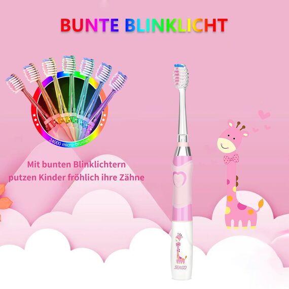 Seago Elektrische Zahnbürste Kinder ab 3-12 jahre Kinderzahnbürsten mit Farbigem Licht Smart Timer 4 Weich Bürstenköpfes Wasserdicht Baby Schallzahnbürste für Mädchen Jungen SG-977 (Rosa)