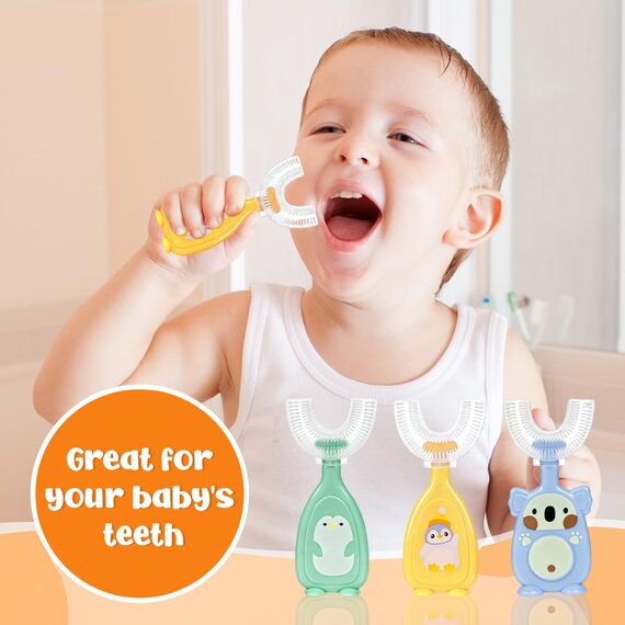 3 Stück Zahnbürste Kinder, U Förmige Kinderzahnbürste 2-6 Jahren, Weicher Bürstenkopf aus Silikon, Kinder Zahnbürste 360 ° Mundpflege, Massage-Zahnfleisch, Rundumreinigung (Gelb)