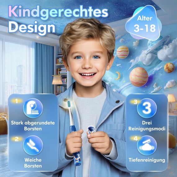 Kinder Zahnbürste Elektrisch ab 3-6-10-12 Jahre, Kinderzahnbürste Elektrisch mit Timer Gewohnheitsbildende Sticker 3 Modi Schallzahnbürste Kinder Jungen Wiederaufladbar (Astronaut Blau)
