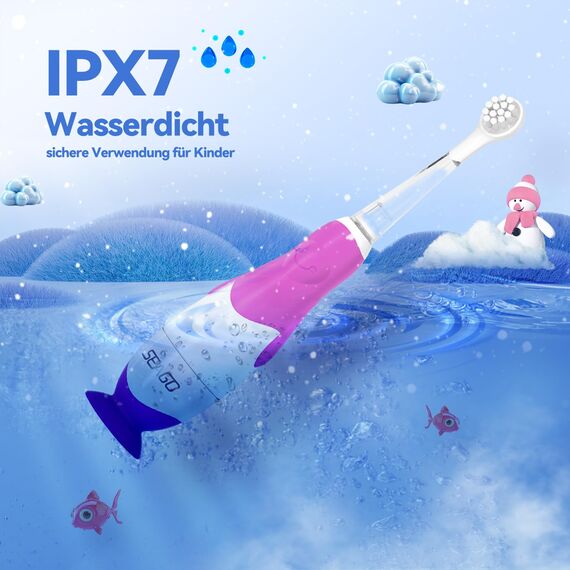 Seago Elektrische Zahnbürste Kinder ab 0-3 Jahr mit LED Licht, Weichen BPA-freiem Runder Gummierte Bürstenkopf, 2 Minuten Smart Timer, Wasserdicht IPX7, für Empfindliche Babyzähne, SG513(Lila Rosa)
