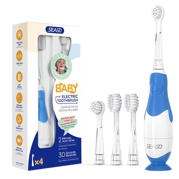 Seago Elektrische Zahnbürste Kinder ab 0-3 Jahr mit LED Licht, Weichen BPA-freiem Runder Gummierte Bürstenkopf, 2 Minuten Smart Timer, Wasserdicht IPX7, für Empfindliche Babyzähne, SG513(Dunkel Blau)