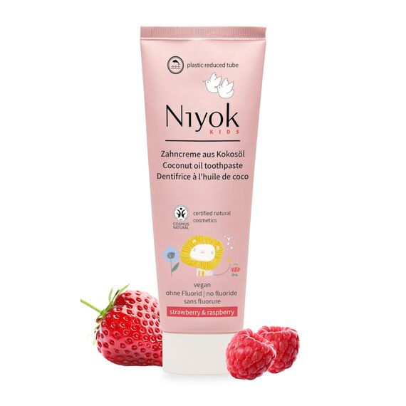 Niyok® Bio Zahncreme für Kinder (75ml) • Natürliche Kinder Zahnpasta ohne Fluorid • Schützt Zähne & Zahnfleisch • Vegane Kinderzahncreme • Mit fruchtigem Erdbeere & Himbeere Geschmack