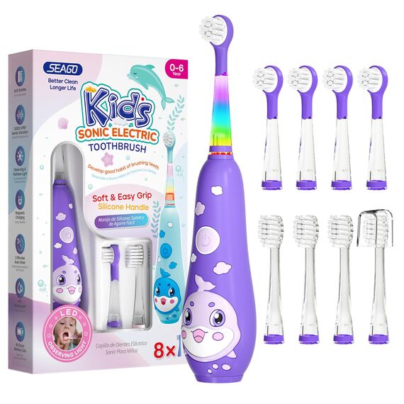 Seago Elektrische Zahnbürste Kinder 0-6 Jahre mit buntem LED Licht, Smart Timer, wiederaufladbare Baby Zahnbürste mit 8 weiche Ersatzbürstenköpfen, IPX7 Wasserdicht, SG2139 (Violett)