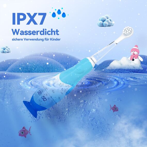 Seago Elektrische Zahnbürste Kinder ab 0-3 Jahr mit LED Licht, Weichen BPA-freiem Runder Gummierte Bürstenkopf, 2 Minuten Smart Timer, Wasserdicht IPX7, für Empfindliche Babyzähne, SG513(Blau)