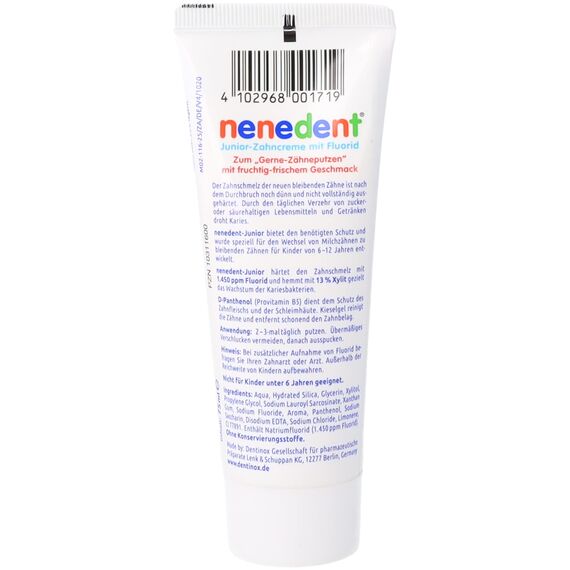 Nenedent Junior Zahncreme für Kinder von 6 - 12 Jahren, mit FLuorid, 2er Pack (2 x 75ml)