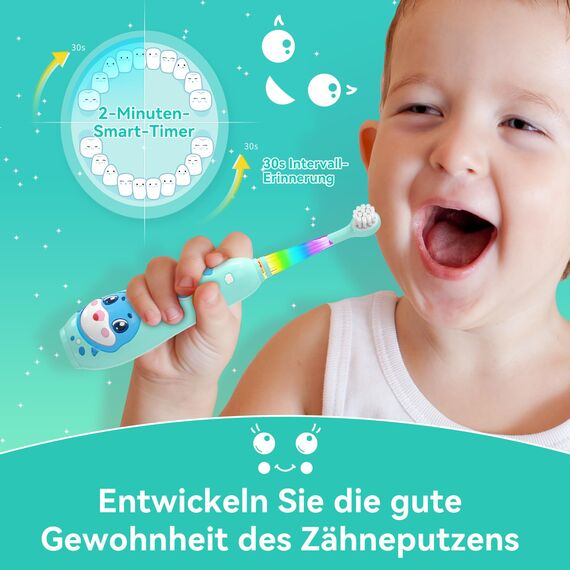 Seago Elektrische Zahnbürste Kinder 0-6 Jahre mit buntem LED Licht, Smart Timer, wiederaufladbare Baby Zahnbürste mit 8 weiche Ersatzbürstenköpfen, IPX7 Wasserdicht, SG2139 (Blau)