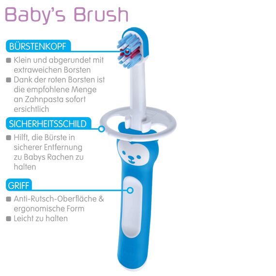 MAM Baby's Brush, Baby Zahnbürste mit kurzem Griff zum einfachen Halten, Kinderzahnbürste zur sanften Zahnreinigung, ab 6+ Monate, türkis (Packung mit 2)