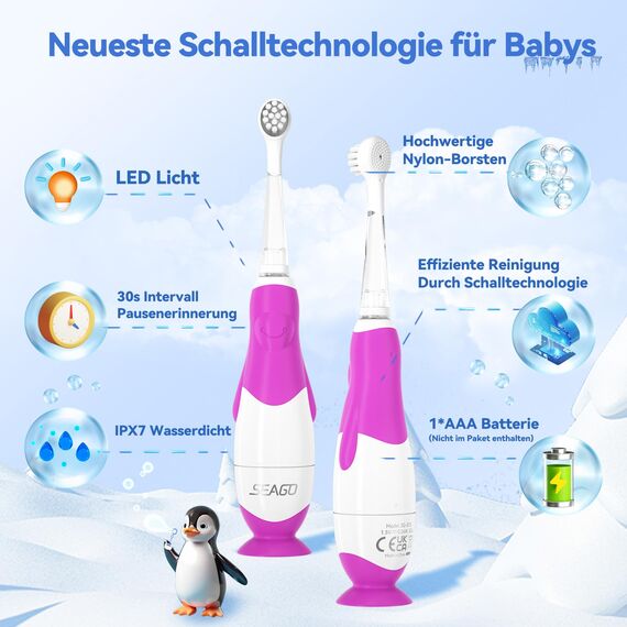 Seago Elektrische Zahnbürste Kinder ab 0-3 Jahr mit LED Licht, Weichen BPA-freiem Runder Gummierte Bürstenkopf, 2 Minuten Smart Timer, Wasserdicht IPX7, für Empfindliche Babyzähne, SG513(Lila Rosa)