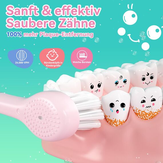 Seago Elektrische Zahnbürste Kinder 0-6 Jahre mit buntem LED Licht, Smart Timer, wiederaufladbare Baby Zahnbürste mit 8 weiche Ersatzbürstenköpfen, IPX7 Wasserdicht, SG2139 (Rosa)