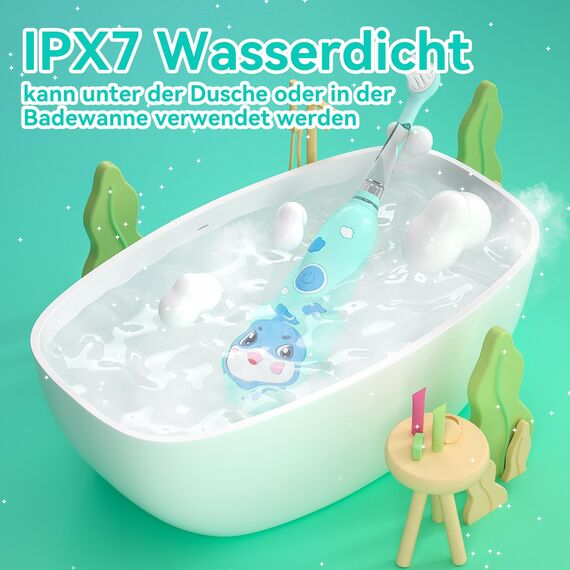 Seago Elektrische Zahnbürste Kinder 0-6 Jahre mit buntem LED Licht, Smart Timer, wiederaufladbare Baby Zahnbürste mit 8 weiche Ersatzbürstenköpfen, IPX7 Wasserdicht, SG2139 (Blau)