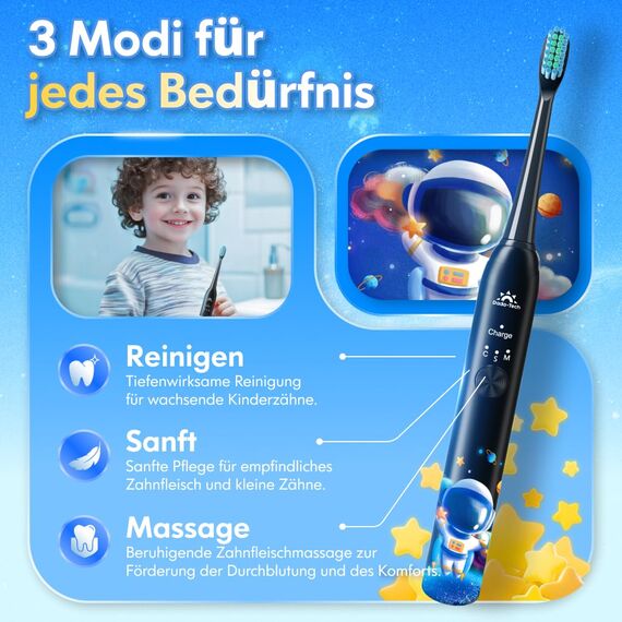Elektrische Zahnbürste Kinder ab 3-6-10-12 Jahre, Kinderzahnbürste Elektrisch mit Timer Gewohnheitsbildende Sticker 3 Modi Schallzahnbürste Kinder Jungen Wiederaufladbar (Astronaut Schwarz)
