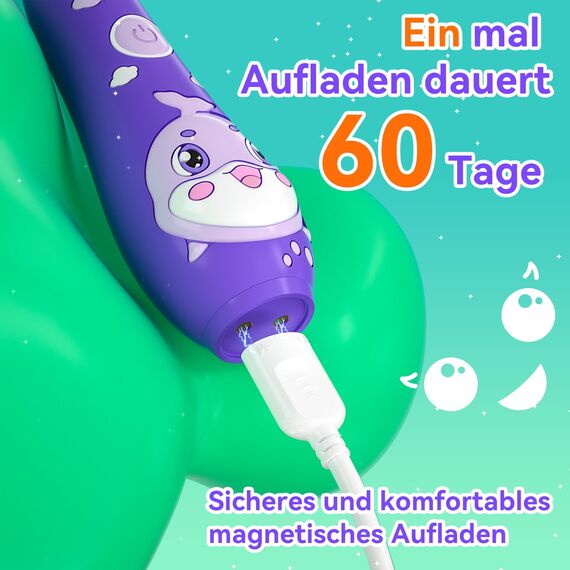 Seago Elektrische Zahnbürste Kinder 0-6 Jahre mit buntem LED Licht, Smart Timer, wiederaufladbare Baby Zahnbürste mit 8 weiche Ersatzbürstenköpfen, IPX7 Wasserdicht, SG2139 (Violett)