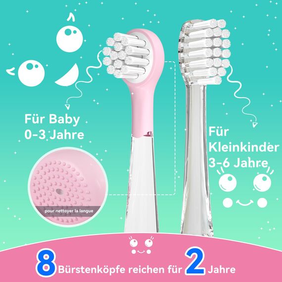 Seago Elektrische Zahnbürste Kinder 0-6 Jahre mit buntem LED Licht, Smart Timer, wiederaufladbare Baby Zahnbürste mit 8 weiche Ersatzbürstenköpfen, IPX7 Wasserdicht, SG2139 (Rosa)