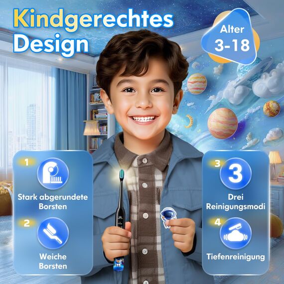 Elektrische Zahnbürste Kinder ab 3-6-10-12 Jahre, Kinderzahnbürste Elektrisch mit Timer Gewohnheitsbildende Sticker 3 Modi Schallzahnbürste Kinder Jungen Wiederaufladbar (Astronaut Schwarz)