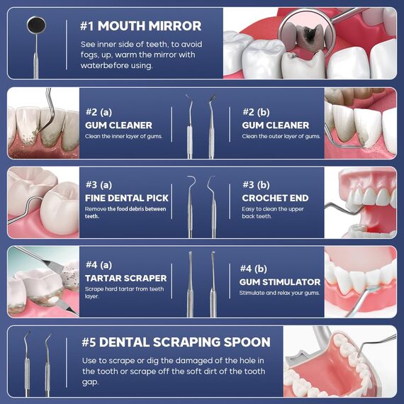 KOHEEL Zahnärztliche Werkzeuge mit Metallkoffer, 8 Stück Zahnreinigungswerkzeuge, Plaque entfernen, Mundhygieneset mit 2 Arten von Zungenschaber, Zahnsteinschaber, Zahnfleischreiniger, Zahnsonde