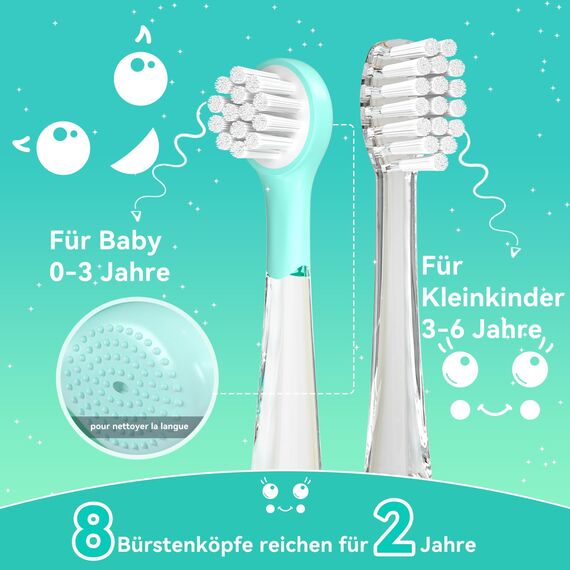 Seago Elektrische Zahnbürste Kinder 0-6 Jahre mit buntem LED Licht, Smart Timer, wiederaufladbare Baby Zahnbürste mit 8 weiche Ersatzbürstenköpfen, IPX7 Wasserdicht, SG2139 (Blau)