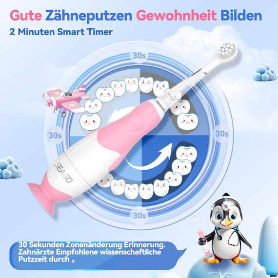 Seago Elektrische Zahnbürste Kinder ab 0-3 Jahr mit LED Licht, Weichen BPA-freiem Runder Gummierte Bürstenkopf, 2 Minuten Smart Timer, Wasserdicht IPX7, für Empfindliche Babyzähne, SG513(Rosa))