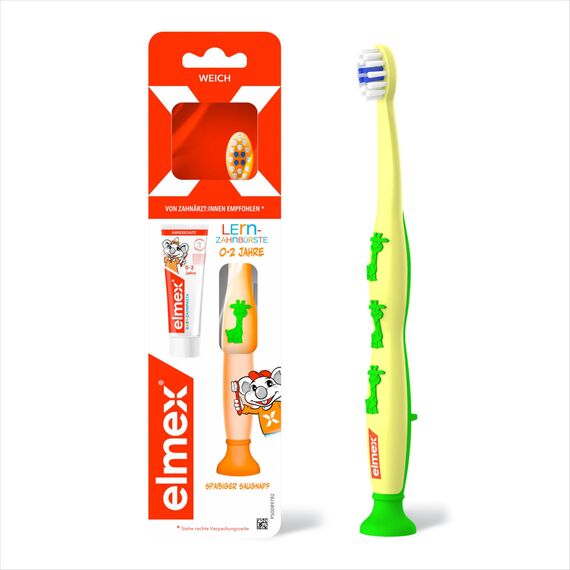 elmex Lern-Zahnbürste 0-2 Jahre, 6 Stück – altersgerechte Zahnreinigung mit weichen Borsten und ergonomischem Griff – gewöhnt Babys spielerisch an das Zähneputzen