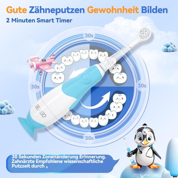 Seago Elektrische Zahnbürste Kinder ab 0-3 Jahr mit LED Licht, Weichen BPA-freiem Runder Gummierte Bürstenkopf, 2 Minuten Smart Timer, Wasserdicht IPX7, für Empfindliche Babyzähne, SG513(Blau)