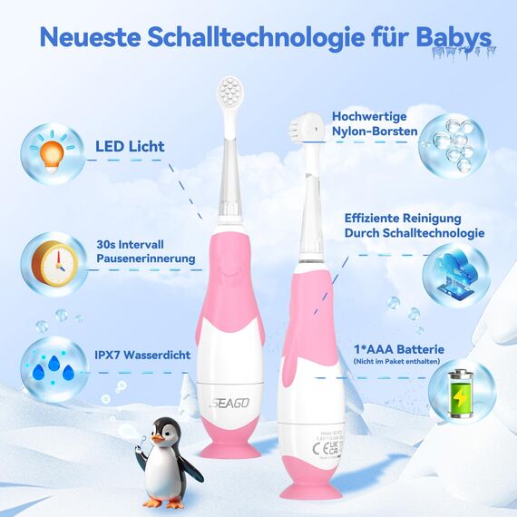 Seago Elektrische Zahnbürste Kinder ab 0-3 Jahr mit LED Licht, Weichen BPA-freiem Runder Gummierte Bürstenkopf, 2 Minuten Smart Timer, Wasserdicht IPX7, für Empfindliche Babyzähne, SG513(Rosa))