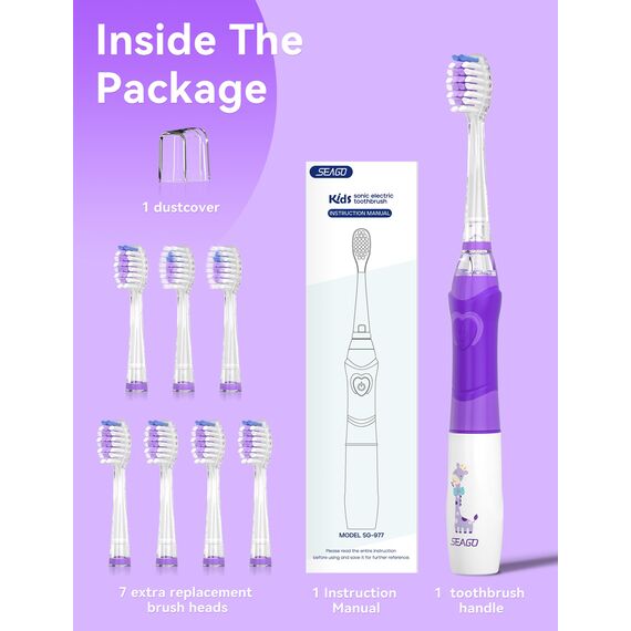 Seago Elektrische Zahnbürste Kinder ab 3-12 jahre Kinderzahnbürsten Elektrisch mit Farbigem Licht Smart Timer 8 Weich Bürstenköpfes Wasserdicht Baby Schallzahnbürste SG977 (Violett-8)