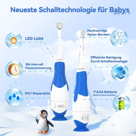Seago Elektrische Zahnbürste Kinder ab 0-3 Jahr mit LED Licht, Weichen BPA-freiem Runder Gummierte Bürstenkopf, 2 Minuten Smart Timer, Wasserdicht IPX7, für Empfindliche Babyzähne, SG513(Dunkel Blau)