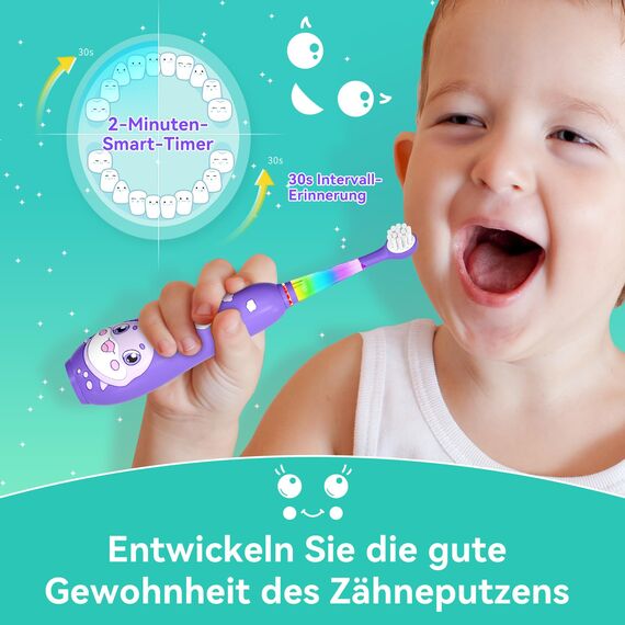 Seago Elektrische Zahnbürste Kinder 0-6 Jahre mit buntem LED Licht, Smart Timer, wiederaufladbare Baby Zahnbürste mit 8 weiche Ersatzbürstenköpfen, IPX7 Wasserdicht, SG2139 (Violett)