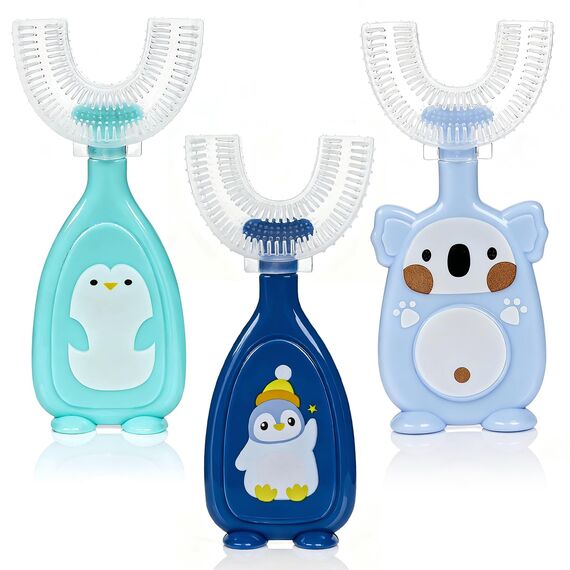 3 Stück Zahnbürste Kinder, U Förmige Kinderzahnbürste 2-6 Jahren, Weicher Bürstenkopf aus Silikon, Kinder Zahnbürste 360 ° Mundpflege, Massage-Zahnfleisch, Rundumreinigung (Blau)