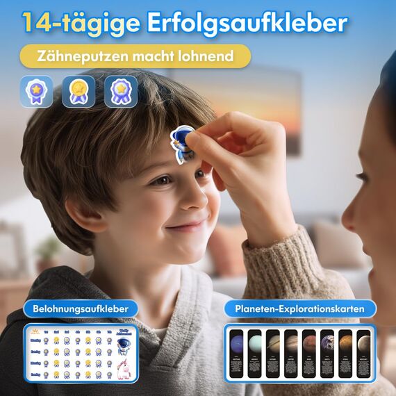 Elektrische Zahnbürste Kinder ab 3-6-10-12 Jahre, Kinderzahnbürste Elektrisch mit Timer Gewohnheitsbildende Sticker 3 Modi Schallzahnbürste Kinder Jungen Wiederaufladbar (Astronaut Schwarz)