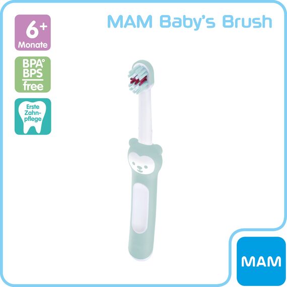 MAM Baby's Brush, Baby Zahnbürste mit kurzem Griff zum einfachen Halten, Kinderzahnbürste zur sanften Zahnreinigung, ab 6+ Monate, türkis (Packung mit 2)