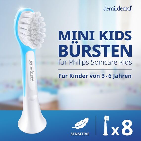 demirdental Ersatzbürsten für Kinder passend für Philips Sonicare Ersatzbürsten Kids, Compact Mini geeignet für 3-6 Jahre, entspricht HX6034 HX6038, Hellblau, 8er Set