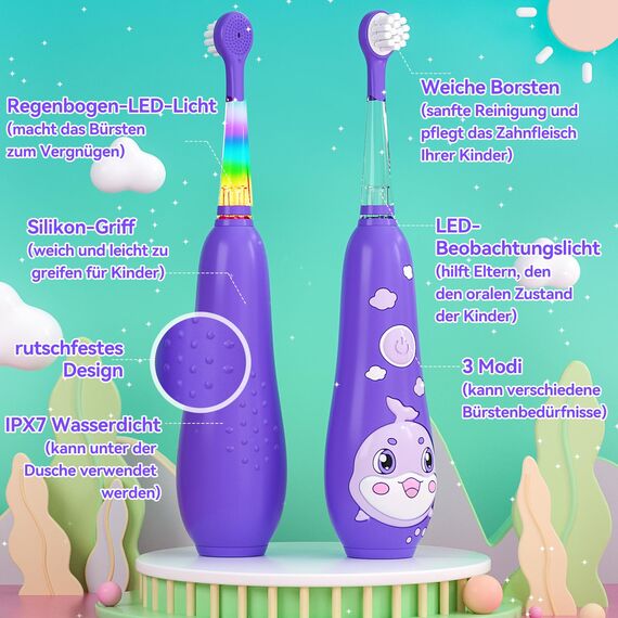 Seago Elektrische Zahnbürste Kinder 0-6 Jahre mit buntem LED Licht, Smart Timer, wiederaufladbare Baby Zahnbürste mit 8 weiche Ersatzbürstenköpfen, IPX7 Wasserdicht, SG2139 (Violett)