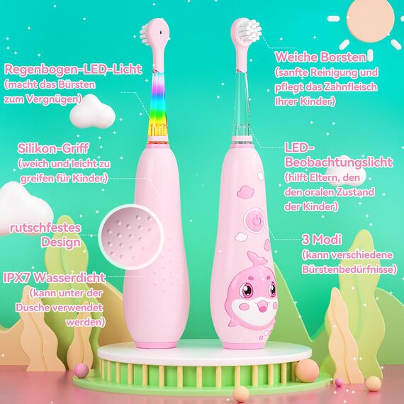 Seago Elektrische Zahnbürste Kinder 0-6 Jahre mit buntem LED Licht, Smart Timer, wiederaufladbare Baby Zahnbürste mit 8 weiche Ersatzbürstenköpfen, IPX7 Wasserdicht, SG2139 (Rosa)