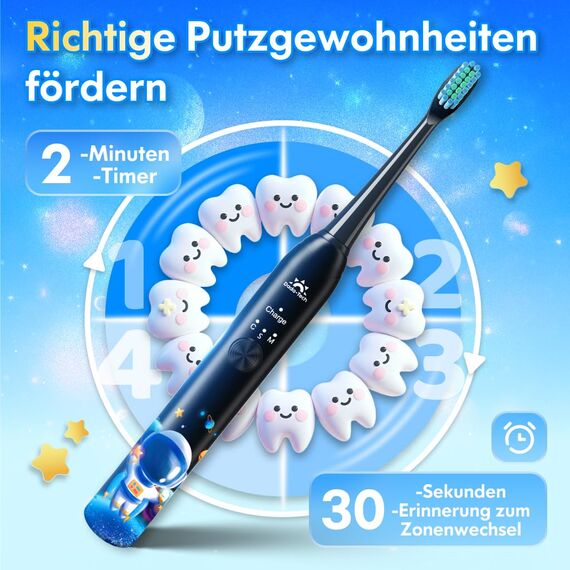 Elektrische Zahnbürste Kinder ab 3-6-10-12 Jahre, Kinderzahnbürste Elektrisch mit Timer Gewohnheitsbildende Sticker 3 Modi Schallzahnbürste Kinder Jungen Wiederaufladbar (Astronaut Schwarz)
