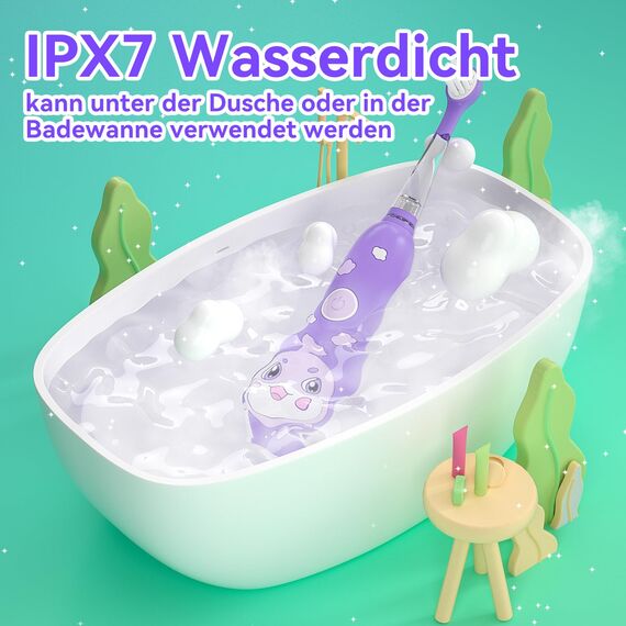 Seago Elektrische Zahnbürste Kinder 0-6 Jahre mit buntem LED Licht, Smart Timer, wiederaufladbare Baby Zahnbürste mit 8 weiche Ersatzbürstenköpfen, IPX7 Wasserdicht, SG2139 (Violett)