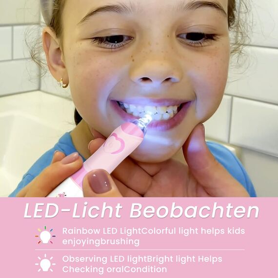 Seago Elektrische Zahnbürste Kinder ab 3-12 jahre Kinderzahnbürsten mit Farbigem Licht Smart Timer 4 Weich Bürstenköpfes Wasserdicht Baby Schallzahnbürste für Mädchen Jungen SG-977 (Rosa)