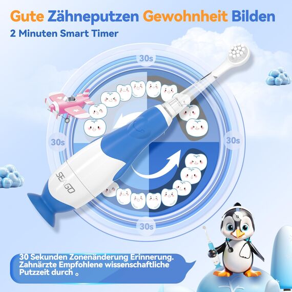 Seago Elektrische Zahnbürste Kinder ab 0-3 Jahr mit LED Licht, Weichen BPA-freiem Runder Gummierte Bürstenkopf, 2 Minuten Smart Timer, Wasserdicht IPX7, für Empfindliche Babyzähne, SG513(Dunkel Blau)