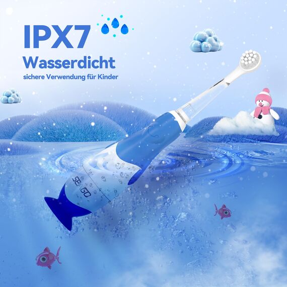 Seago Elektrische Zahnbürste Kinder ab 0-3 Jahr mit LED Licht, Weichen BPA-freiem Runder Gummierte Bürstenkopf, 2 Minuten Smart Timer, Wasserdicht IPX7, für Empfindliche Babyzähne, SG513(Dunkel Blau)