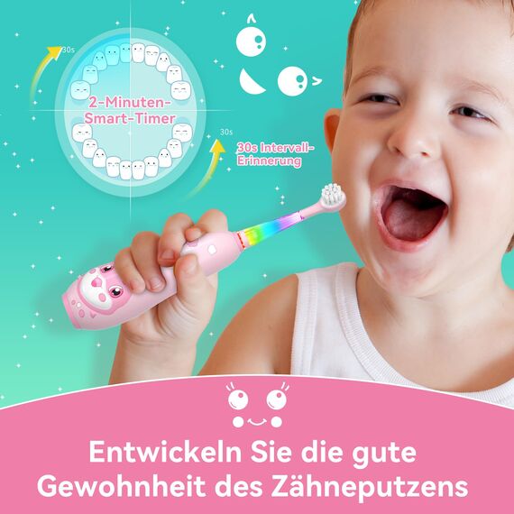 Seago Elektrische Zahnbürste Kinder 0-6 Jahre mit buntem LED Licht, Smart Timer, wiederaufladbare Baby Zahnbürste mit 8 weiche Ersatzbürstenköpfen, IPX7 Wasserdicht, SG2139 (Rosa)
