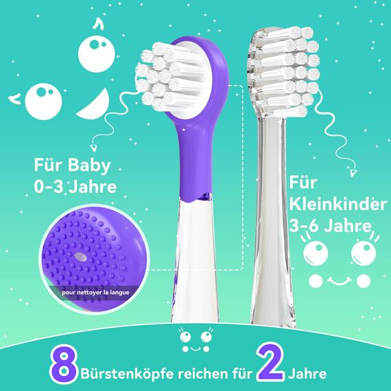 Seago Elektrische Zahnbürste Kinder 0-6 Jahre mit buntem LED Licht, Smart Timer, wiederaufladbare Baby Zahnbürste mit 8 weiche Ersatzbürstenköpfen, IPX7 Wasserdicht, SG2139 (Violett)