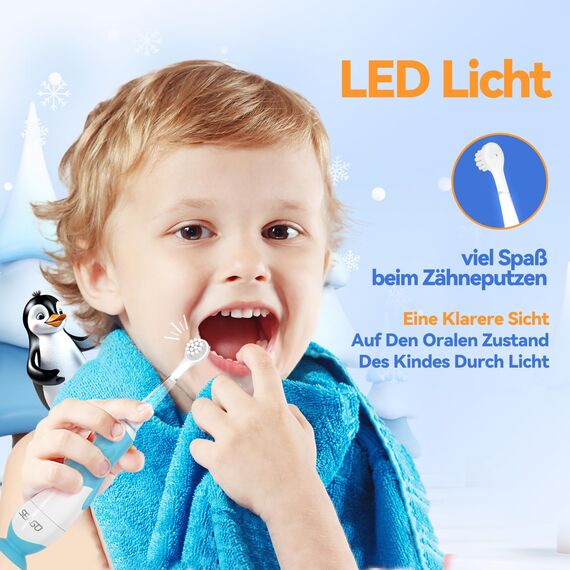 Seago Elektrische Zahnbürste Kinder ab 0-3 Jahr mit LED Licht, Weichen BPA-freiem Runder Gummierte Bürstenkopf, 2 Minuten Smart Timer, Wasserdicht IPX7, für Empfindliche Babyzähne, SG513(Blau)