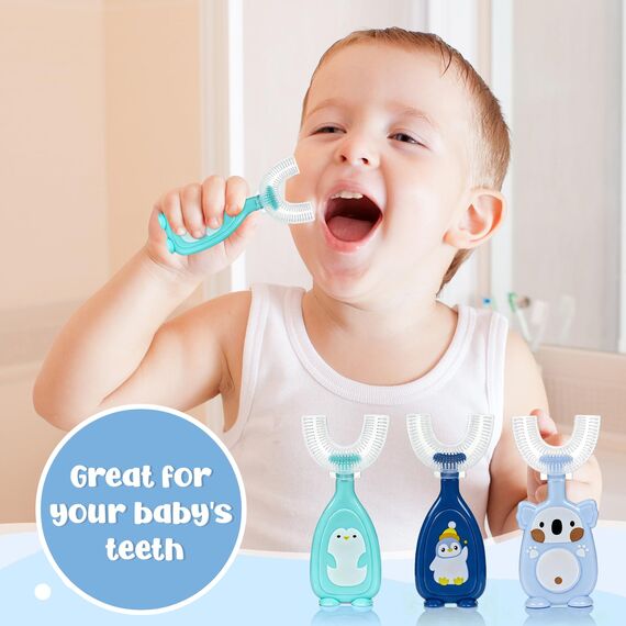 3 Stück Zahnbürste Kinder, U Förmige Kinderzahnbürste 2-6 Jahren, Weicher Bürstenkopf aus Silikon, Kinder Zahnbürste 360 ° Mundpflege, Massage-Zahnfleisch, Rundumreinigung (Blau)