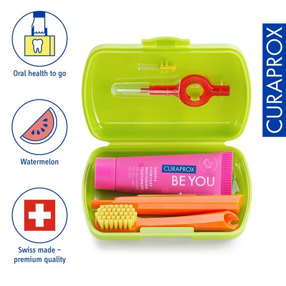 Curaprox Reiseset - CS 5460 Zahnbürste mit 'Be You' Zahnpasta | 2 CPS Prime Interdentalbürsten 07 und 09 / Zahnpflegeset 9,5 cm x 6 cm/Grün/Hergestellt in der Schweiz