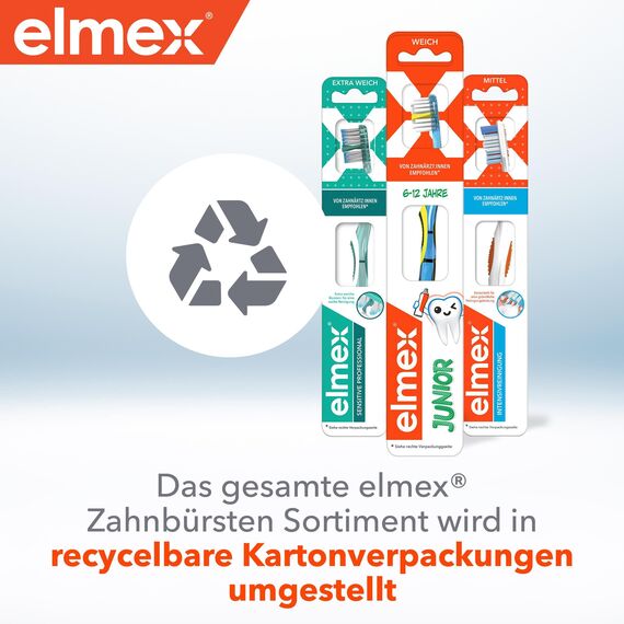 elmex Zahnbürste Junior 6 - 12 Jahre, 6 Stück - Kinderzahnbürste, weich, abgerundete Borsten für das das Zähneputzen während des Zahnwechsels